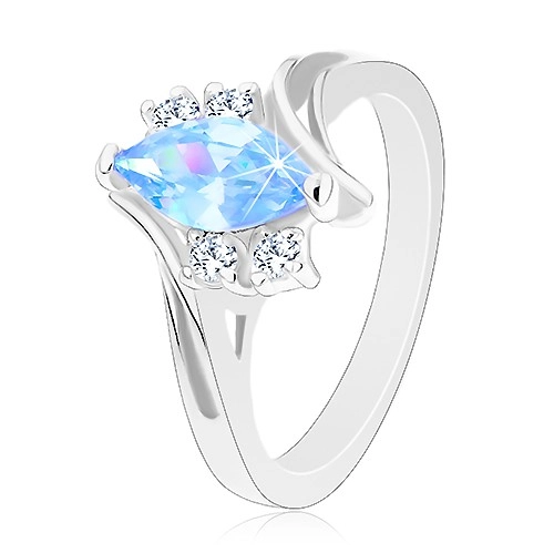 Prsten ve stříbrném odstínu se zahnutými rameny, modré zirkonové zrnko - Velikost: 62
