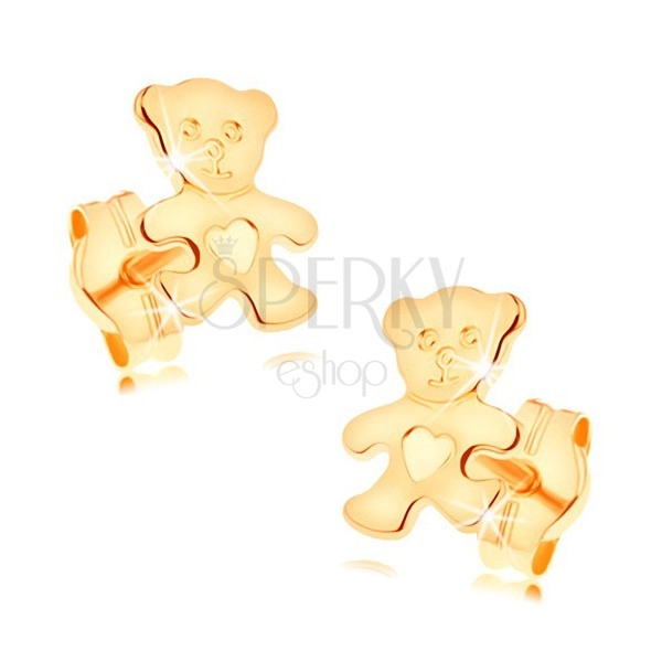 Náušnice ze žlutého 14K zlata - blýskavý plochý medvídek se srdíčkem na bříšku