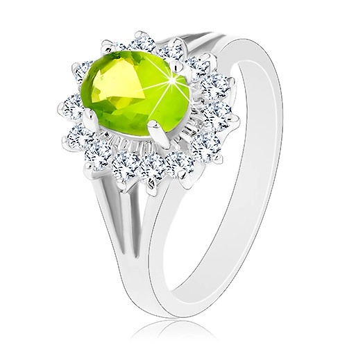 Blýskavý prsten s rozdělenými rameny, zirkonový ovál v zelené barvě - Velikost: 62