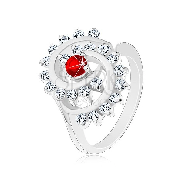 Lesklý prsten s ozdobnou spirálou s čirým lemem, tmavě červený zirkon