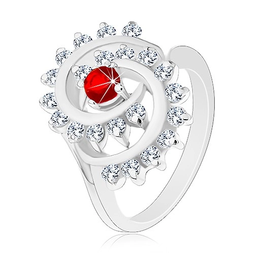 Lesklý prsten s ozdobnou spirálou s čirým lemem, tmavě červený zirkon - Velikost: 52