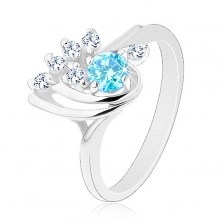 Třpytivý prsten - slza s hladkými obloučky, modrý kulatý zirkon, čirá linie