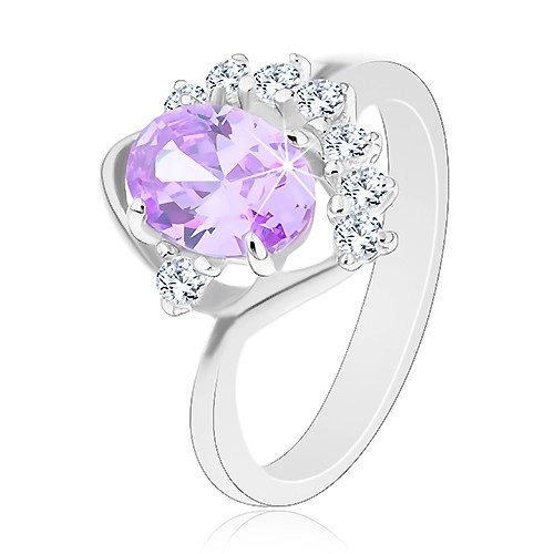 Prsten s oválným zirkonem ve světle fialovém odstínu, třpytivý čirý oblouček - Velikost: 51