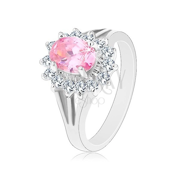 Prsten se zirkonovým květem v růžové a čiré barvě, rozdělená ramena