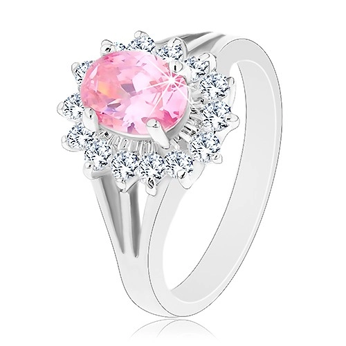 Prsten se zirkonovým květem v růžové a čiré barvě, rozdělená ramena - Velikost: 62