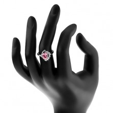 Lesklý prsten se zahnutým ramenem, růžový ovál, zirkonový čirý oblouk, oblouček