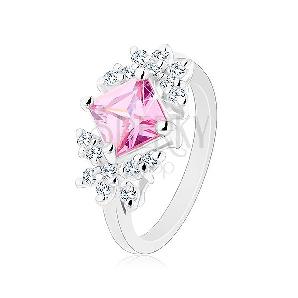 Prsten stříbrné barvy, broušený zirkonový čtverec růžové barvy, čiří motýli