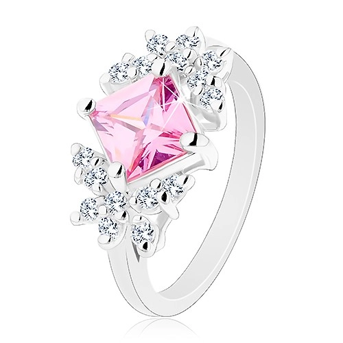 Prsten stříbrné barvy, broušený zirkonový čtverec růžové barvy, čiří motýli - Velikost: 52