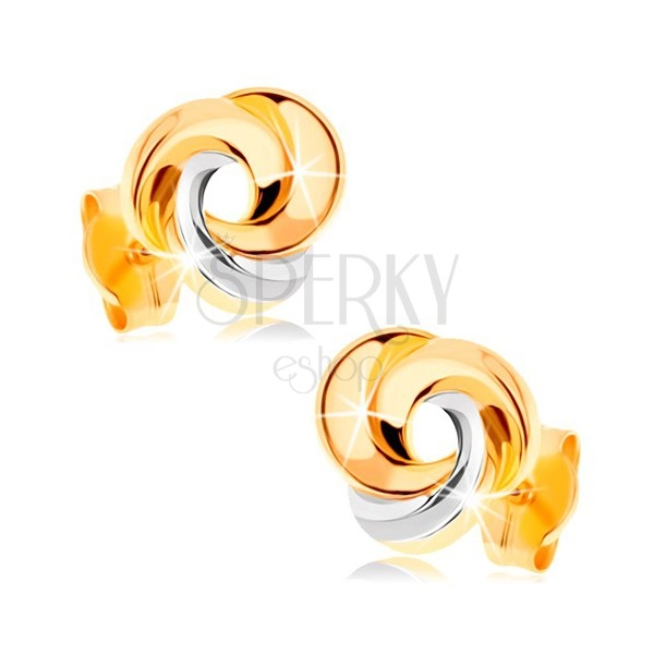 Zlaté náušnice 585 - tři propojené prstence, žluté a bílé zlato