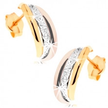 Zlaté náušnice 585 - trojbarevné půlkruhy, gravírovaný středový pás