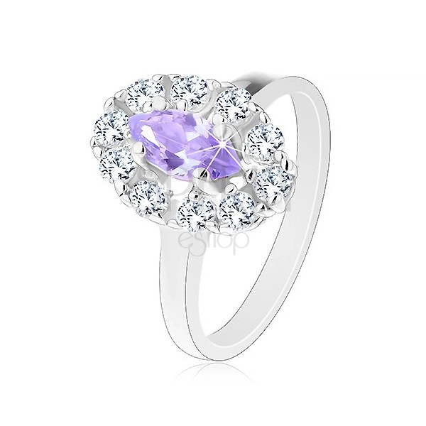Prsten ve stříbrném odstínu, světle fialové zrnko s čirou zirkonovou obrubou