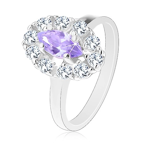Prsten ve stříbrném odstínu, světle fialové zrnko s čirou zirkonovou obrubou - Velikost: 53
