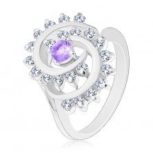Blýskavý prsten s ozdobnou spirálou s čirým lemem, světle fialový zirkon