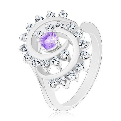 Blýskavý prsten s ozdobnou spirálou s čirým lemem, světle fialový zirkon - Velikost: 52
