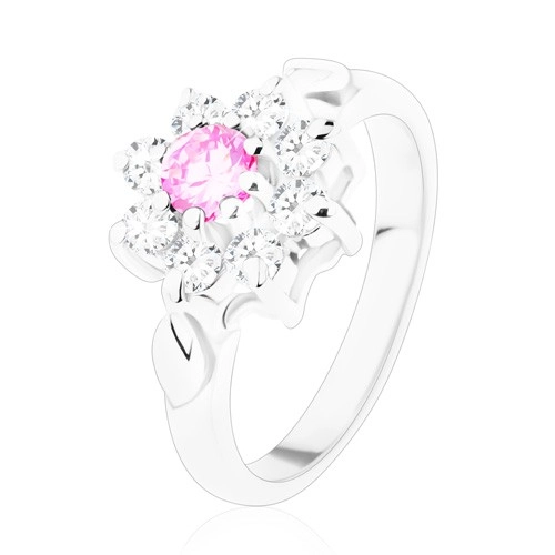 Prsten ve stříbrném odstínu, růžovo-čirý zirkonový květ, lístečky - Velikost: 52