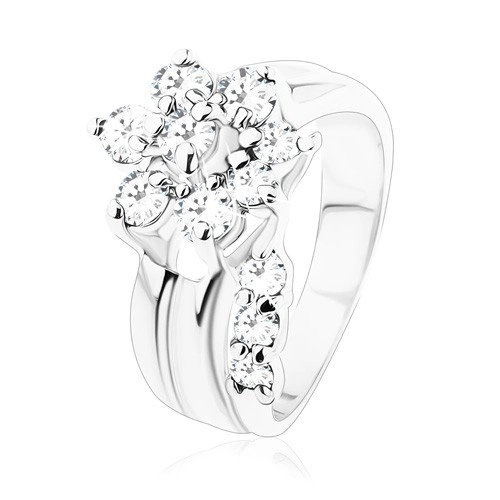 Prsten stříbrné barvy, zářivý kvítek z čirých zirkonků, rozdělená ramena - Velikost: 50