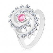 Prsten ve stříbrné barvě, spirála s čirým lemem, růžový kulatý zirkon