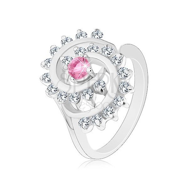 Prsten ve stříbrné barvě, spirála s čirým lemem, růžový kulatý zirkon