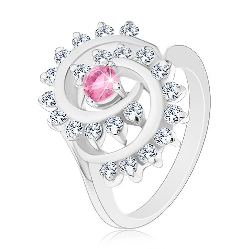 Prsten ve stříbrné barvě, spirála s čirým lemem, růžový kulatý zirkon - Velikost: 50