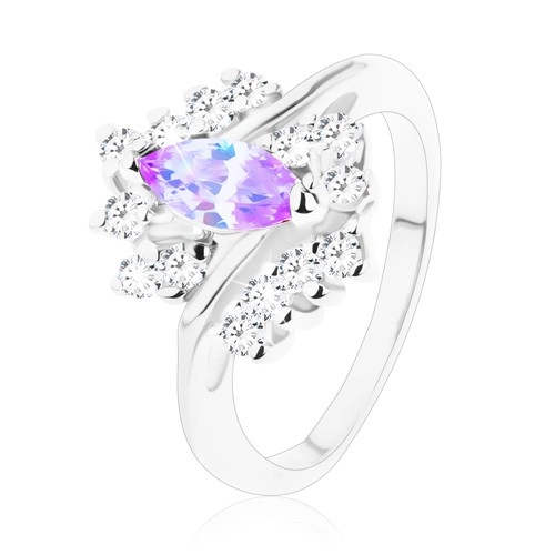 Třpytivý prsten se světle fialovým zrnkem, zvlněná řada čirých zirkonů - Velikost: 49