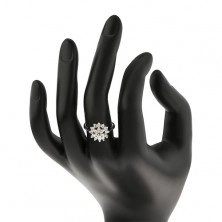 Prsten - stříbrný odstín, květ v čiré a světle hnědé barvě, zirkonový lem