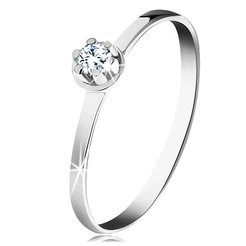 Zlatý prsten 585 - čirý diamant ve vyvýšeném kulatém kotlíku, bílé zlato - Velikost: 58