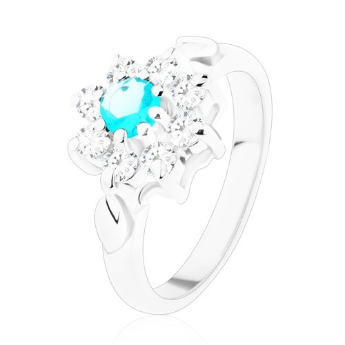 Lesklý prsten ve stříbrné barvě, světle modrý zirkon s čirými lupínky, lístky - Velikost: 50