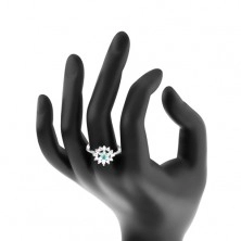 Prsten se zúženými rameny, čirý kruh, zirkonový akvamarínovo-čirý květ