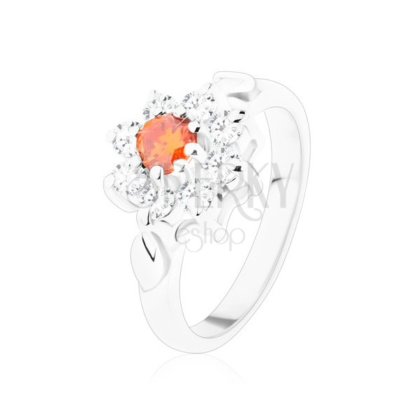 Třpytivý prsten s kvítkem a lístečky, zirkony v oranžové a čiré barvě