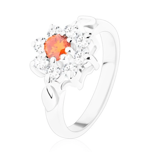 Třpytivý prsten s kvítkem a lístečky, zirkony v oranžové a čiré barvě - Velikost: 49
