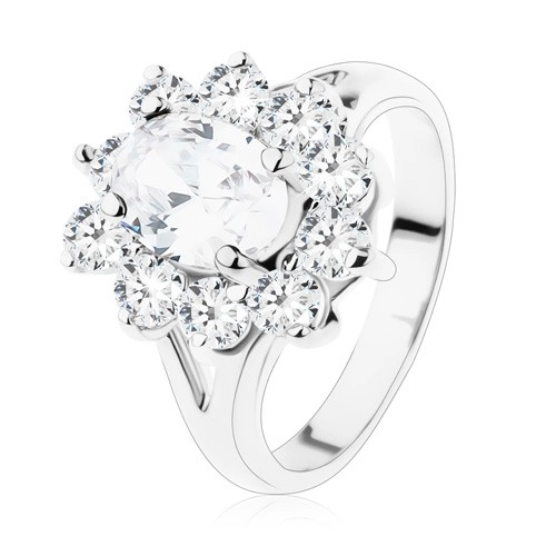 Třpytivý prsten ve stříbrné barvě, rozdvojená ramena a čiré zirkony - Velikost: 50