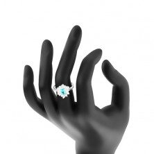 Lesklý prsten se zúženými rameny, akvamarínové zirkonové zrnko, čirý lem