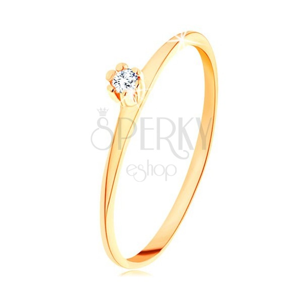 Prsten ve žlutém 14K zlatě - kulatý čirý diamant, tenká zkosená ramena