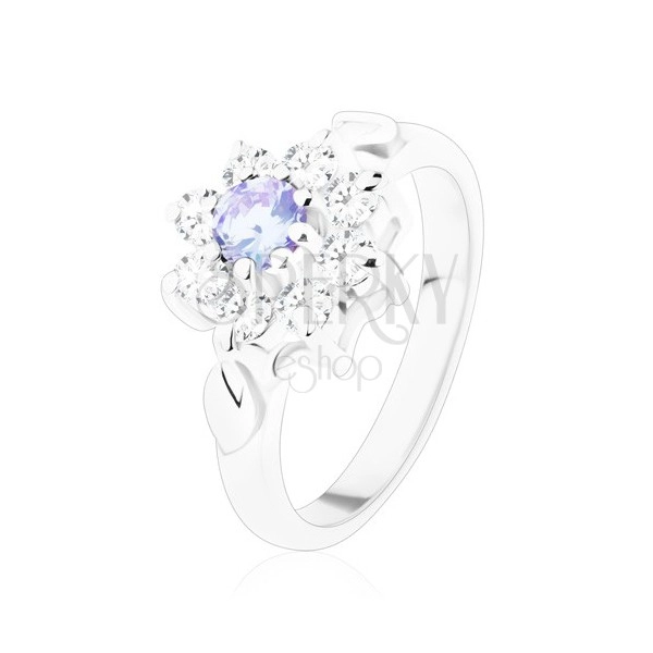 Třpytivý prsten se zirkonovým kvítkem ve světle fialové a čiré barvě, lístky