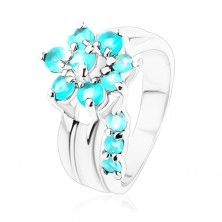 Prsten s rozdělenými rameny, květ se stonkem v akvamarínové barvě