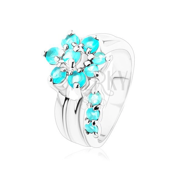 Prsten s rozdělenými rameny, květ se stonkem v akvamarínové barvě