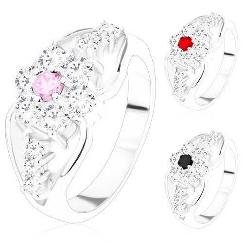 Prsten se zirkonovým květem a rozdělenými rameny, trojice čirých zirkonů - Velikost: 52, Barva: Růžová