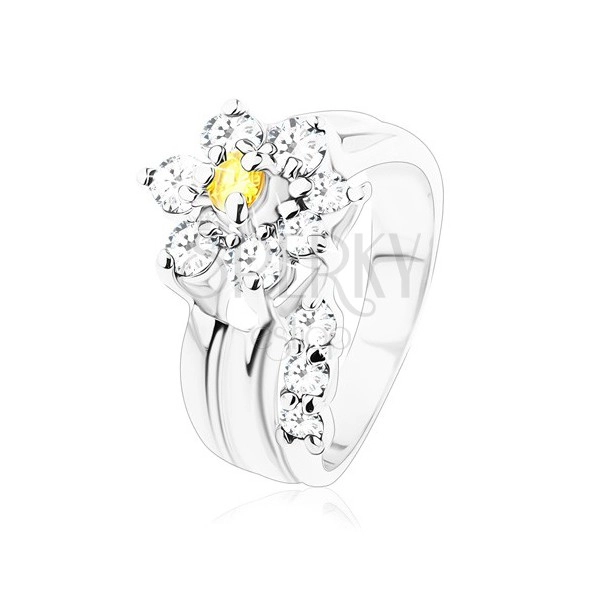 Zářivý prsten, oddělený zirkonový čirý stonek, kvítek ve žluté a čiré barvě