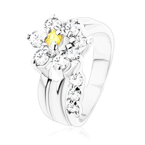 Zářivý prsten, oddělený zirkonový čirý stonek, kvítek ve žluté a čiré barvě - Velikost: 49
