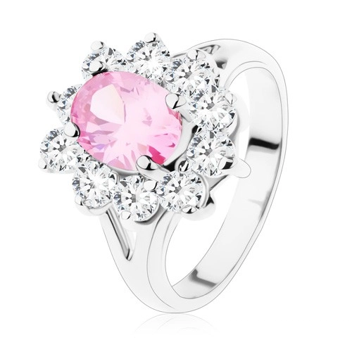 Prsten s rozdvojenými rameny, růžový zirkonový ovál, čiré lemování - Velikost: 56