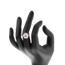 Prsten s rozdvojenými rameny, růžový zirkonový ovál, čiré lemování