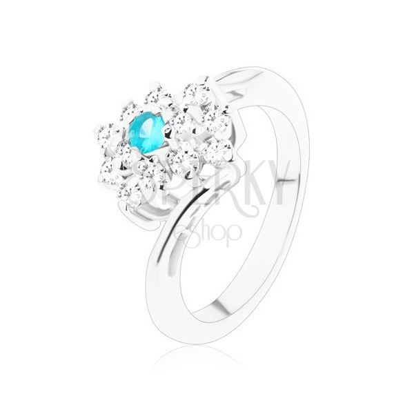 Třpytivý prsten ve stříbrném odstínu, obdélník v čiré a světle modré barvě