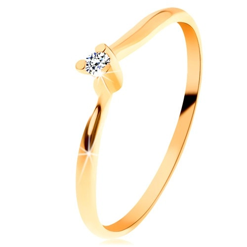 Blýskavý prsten ze žlutého 14K zlata - čirý broušený diamant, tenká ramena - Velikost: 58