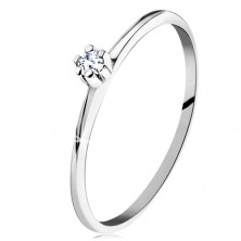 Prsten v bílém 14K zlatě - lesklá zkosená ramena, kulatý čirý diamant