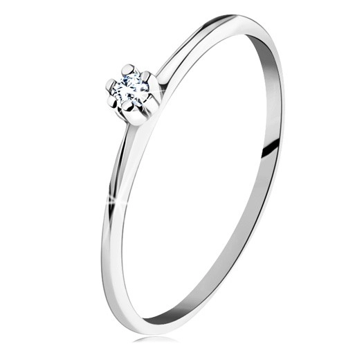 Prsten v bílém 14K zlatě - lesklá zkosená ramena, kulatý čirý diamant - Velikost: 55