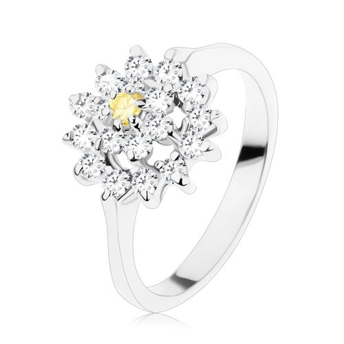 Prsten s lesklými rameny, zirkonový květ ve žluté a čiré barvě, blýskavý kruh - Velikost: 49