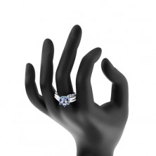 Třpytivý prsten s rozdělenými rameny, zirkonový květ v modrém odstínu
