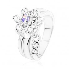 Blýskavý prsten, ohnutý stonek, zirkonový květ ve světle fialové a čiré barvě