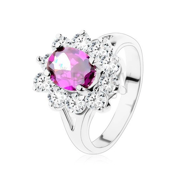 Prsten s rozdělenými rameny, fialový ovál s třpytivou zirkonovou obrubou