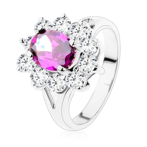 Prsten s rozdělenými rameny, fialový ovál s třpytivou zirkonovou obrubou - Velikost: 52